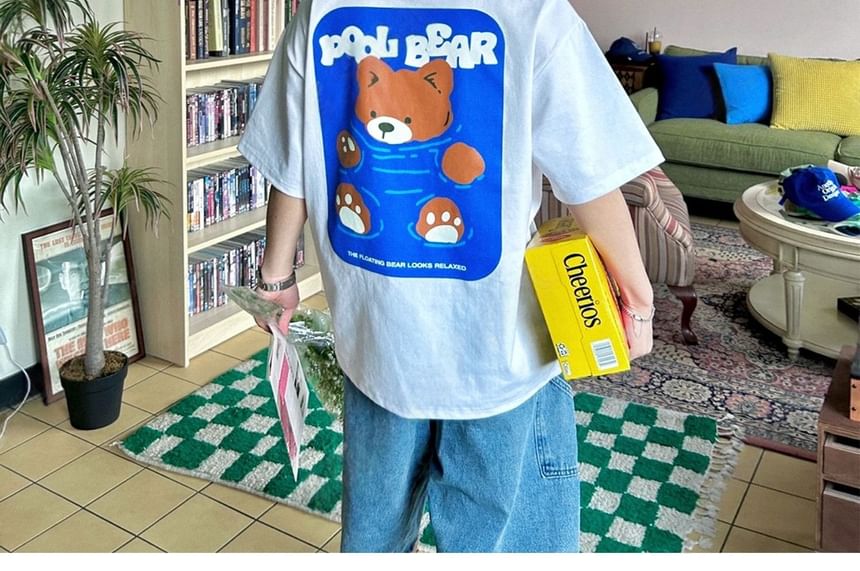 SeoulPop - T-shirt met korte mouwen en berenprint, losvallend