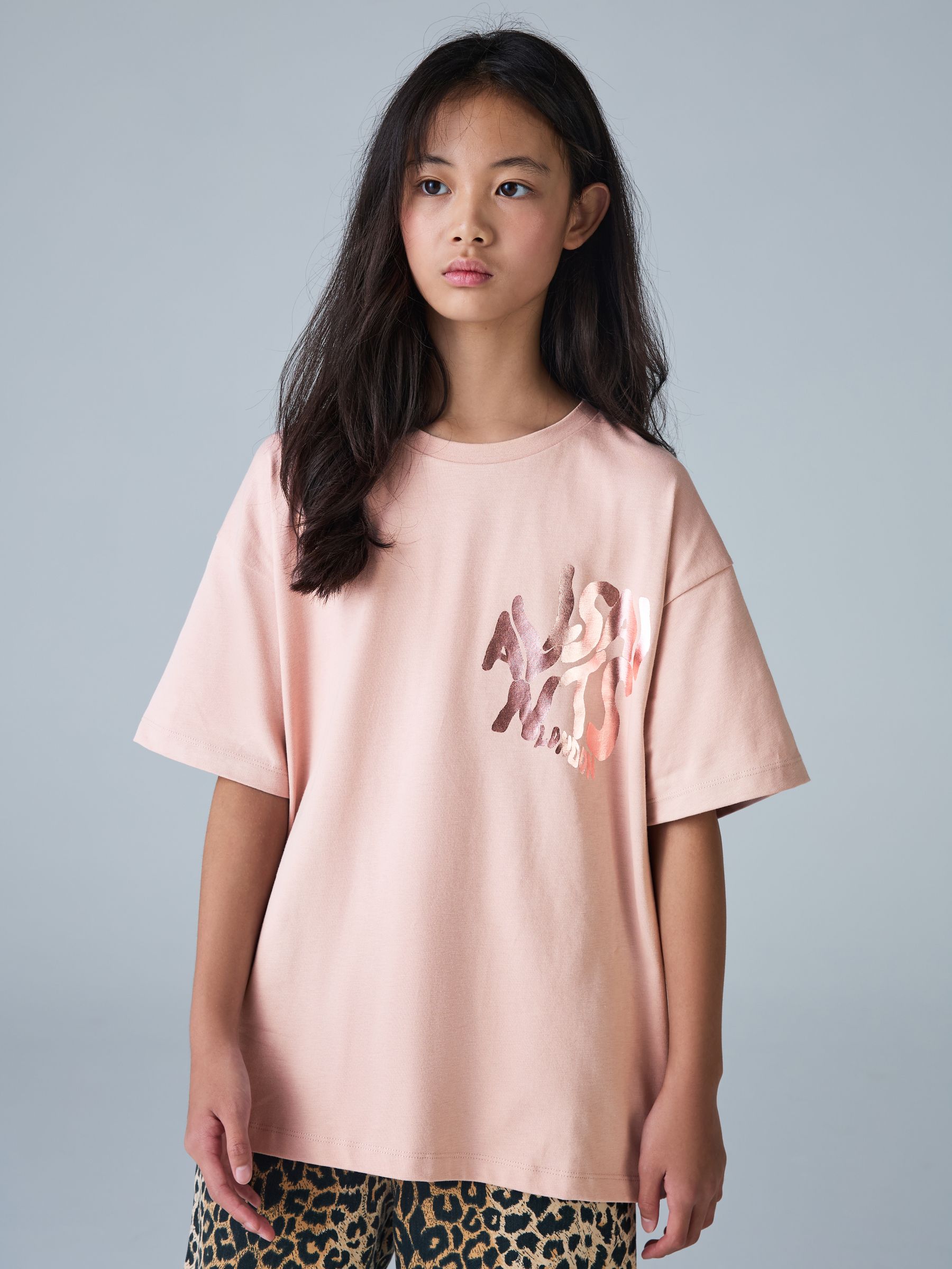 Midden Roze/Metallic - smALLSAINTS Girls Oversized Orlando Logo Crew 100% Cotton T-Shirt
