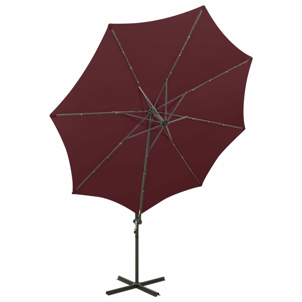 Parasol meuble de jardin déporté avec mât et lumières led rouge 300 cm bordeaux