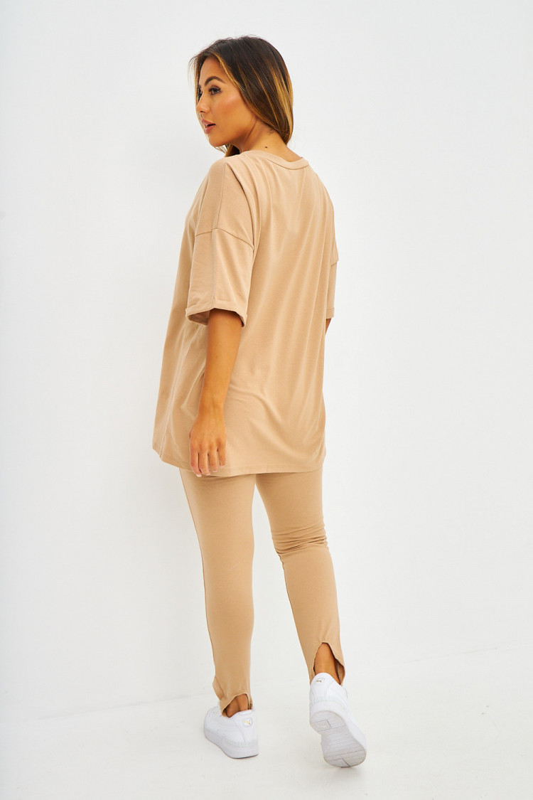 Ensemble beige chiné 2 pièces t-shirt oversize + legging fuseau