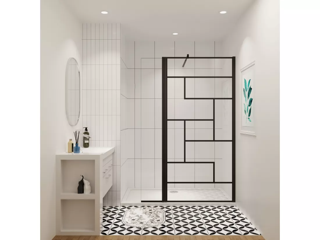 AICA paroi de douche industrielle noire 80x200cm avec un retour pivotant 40cm livré avec une barre de stabilisation 90cm