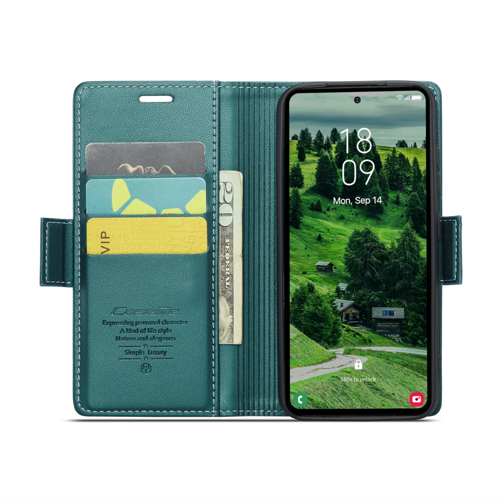 Samsung Galaxy S25 Leder Tasche Flip Wallet Etui mit Kartenfächern Litchi Look (RFID Schutz) - Grün
