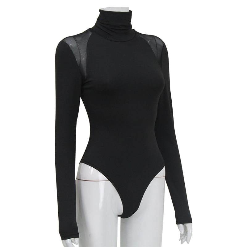 Sheparon - Bodytop met lange mouwen en coltrui, effen mesh-paneel