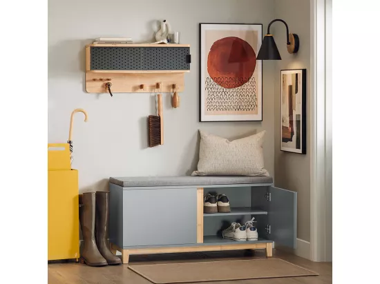 SoBuy Banc à Chaussures Banc de Rangement Meuble à Chaussures d'Entrée avec Siège Rembourré et 2 Portes, pour Couloir, Entrée, Chambre à Coucher – 90 x 34 x 47 cm, FSR117-HG