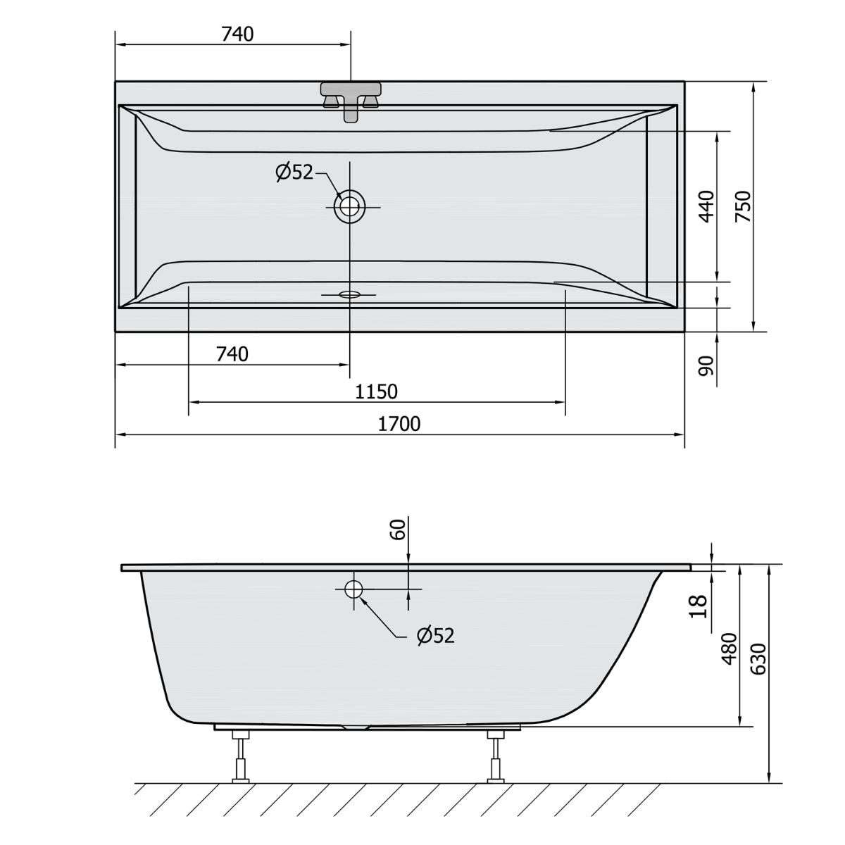 Polysan Cleo Slim ligbad 170x75x48cm wit