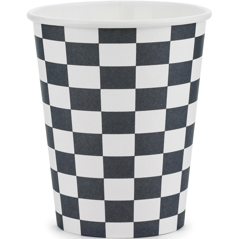Partydeco Becher Zielflagge, 220 ml, weiss/schwarz, 6 Stück
