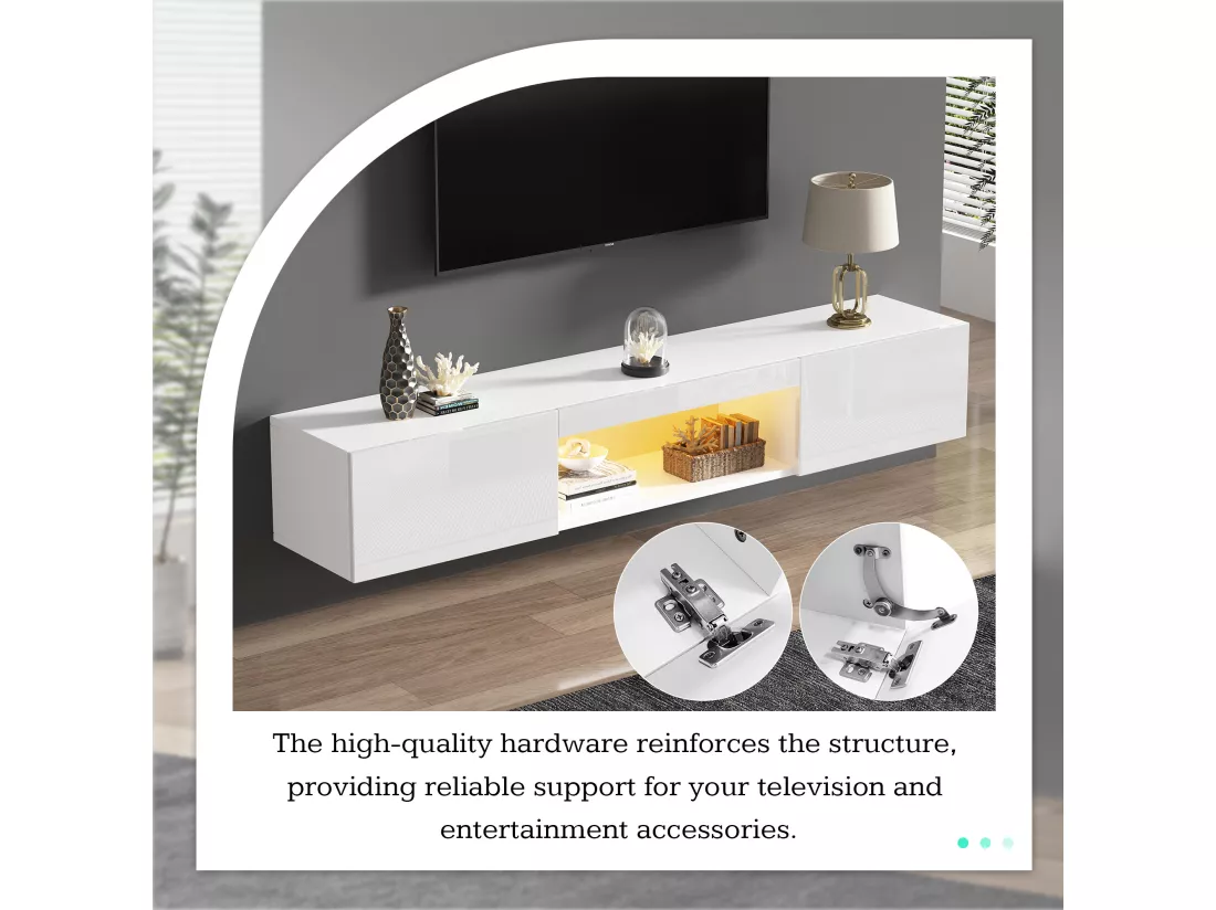 Meuble TV suspendu avec 2 portes et compartiment ouvert - 160 x 31 x 22 cm - LEDs - Panneau de particules - Blanc brillant