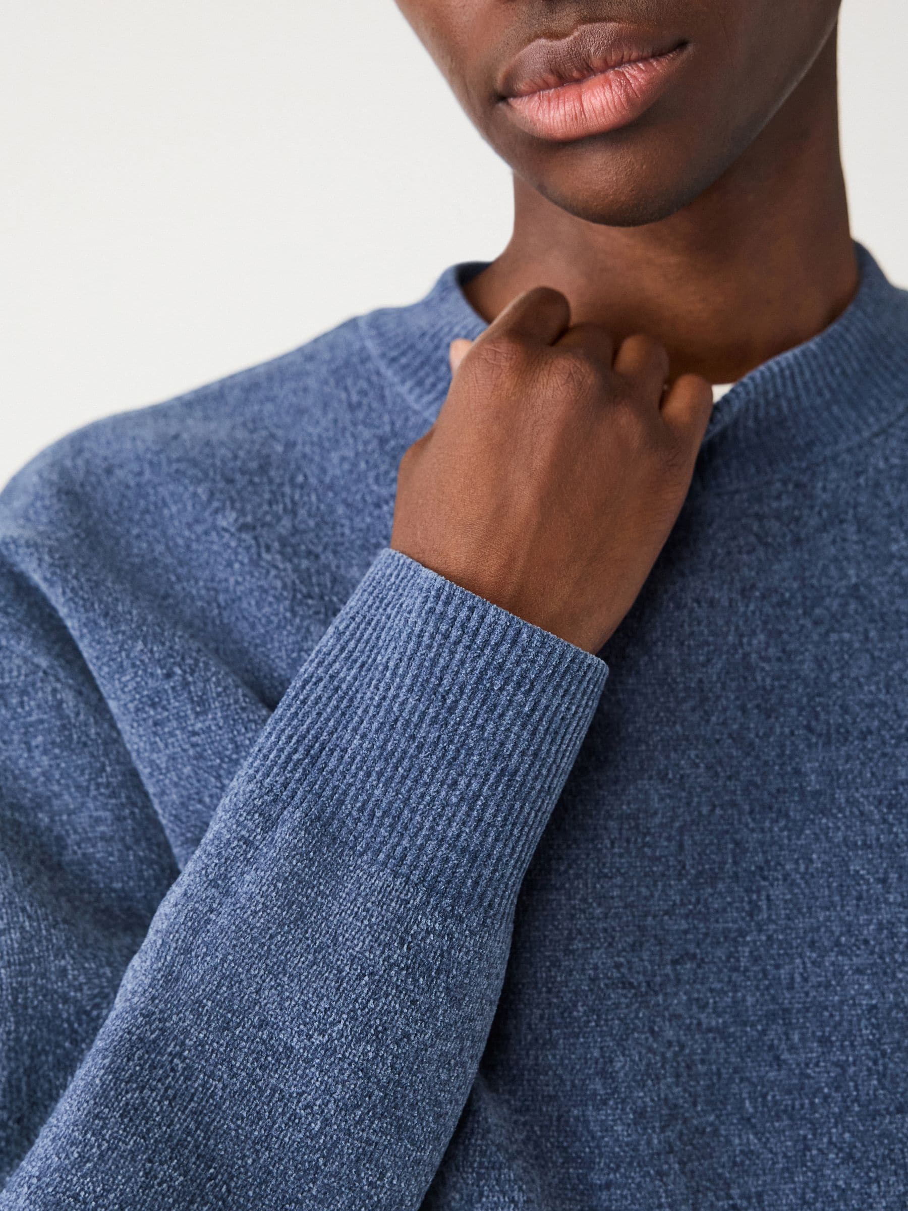 Blauw - Relaxed Fit Plain Chenille Crew Neck Jumper