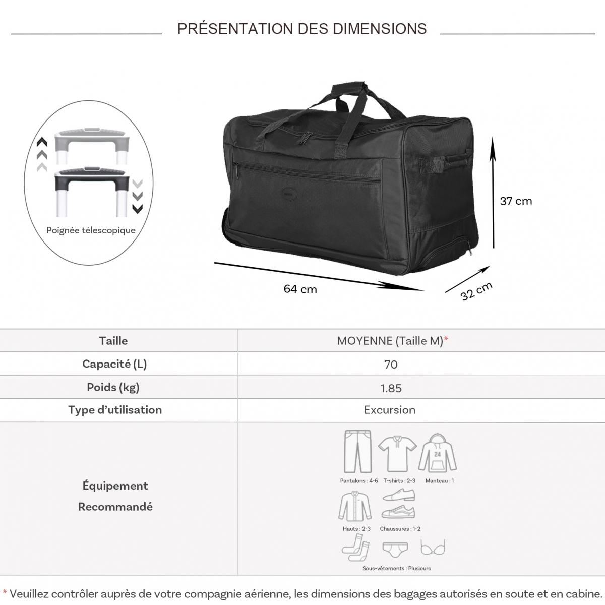 Degré Sac de voyage avec roulettes 70L Degré polyester taille M 64cm