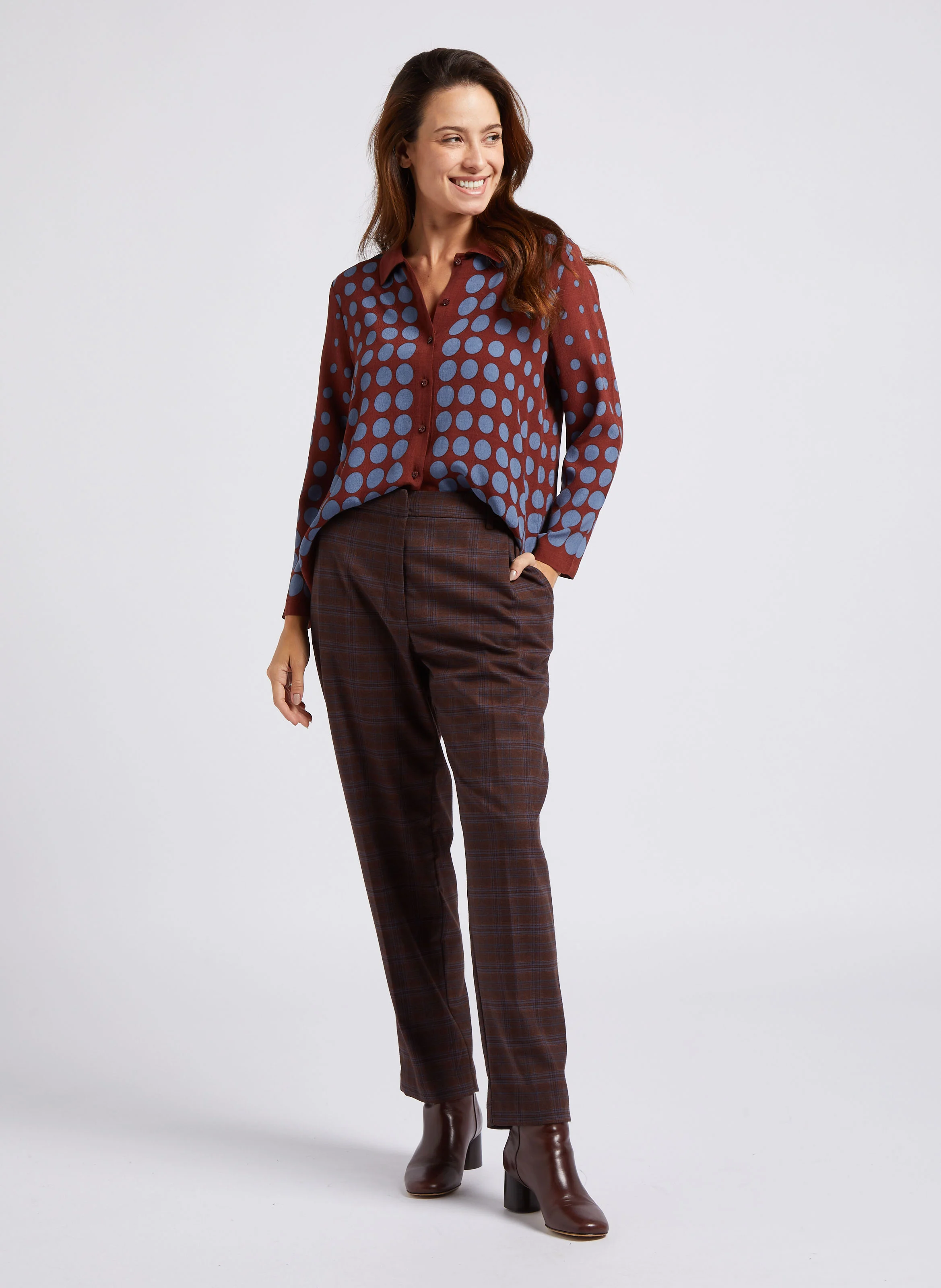 Pantalon à pinces à carreaux | Marron