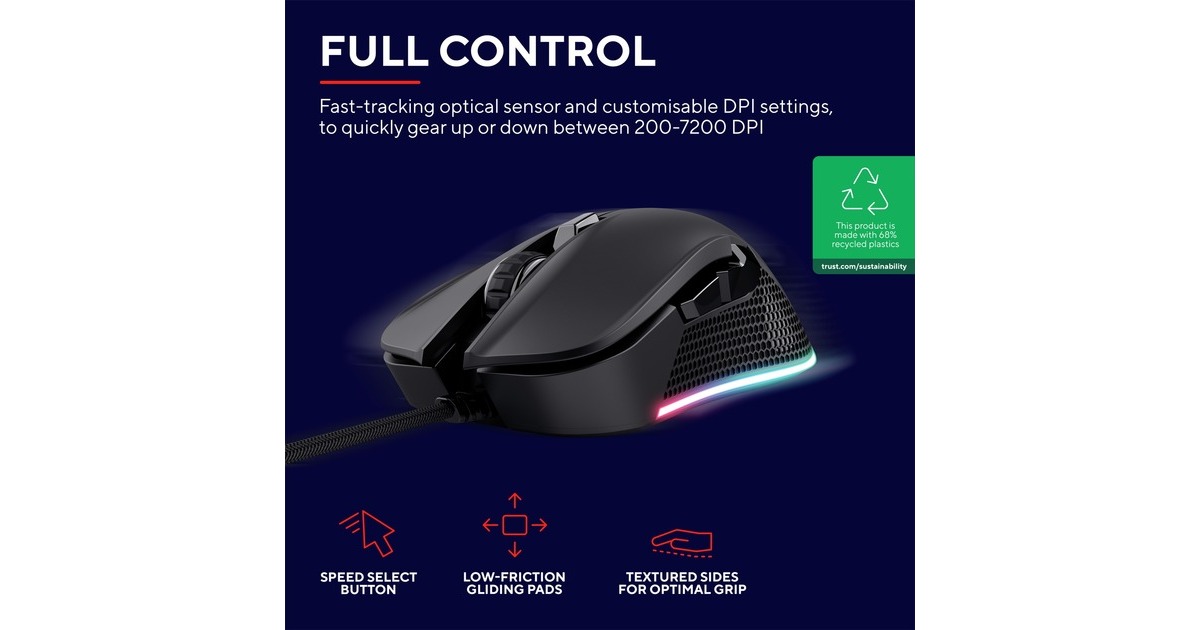 TrustGXT 922 Ybar ECO gaming muis  (Zwart, RGB | 200 - 7200 dpi)
