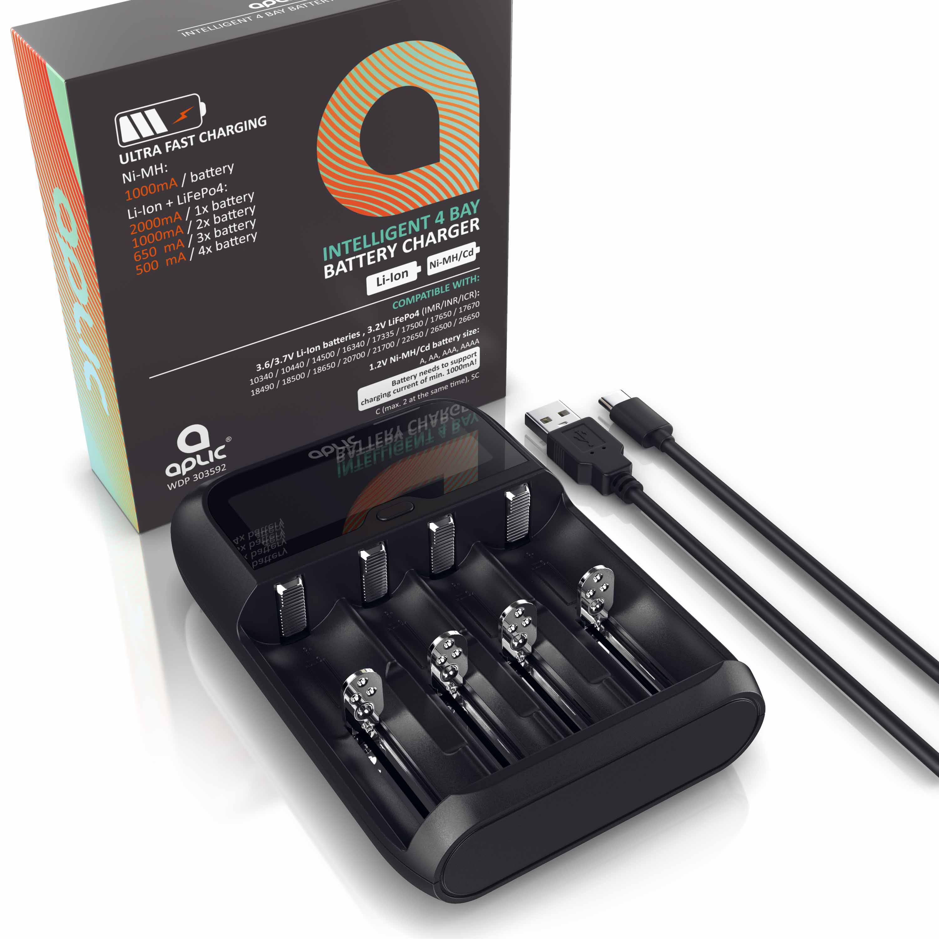 Aplic Universal Akku Ladegerät mit LCD Display für Li-ion, Ni-MH, Ni-Cd, LiFePo4 Akkus