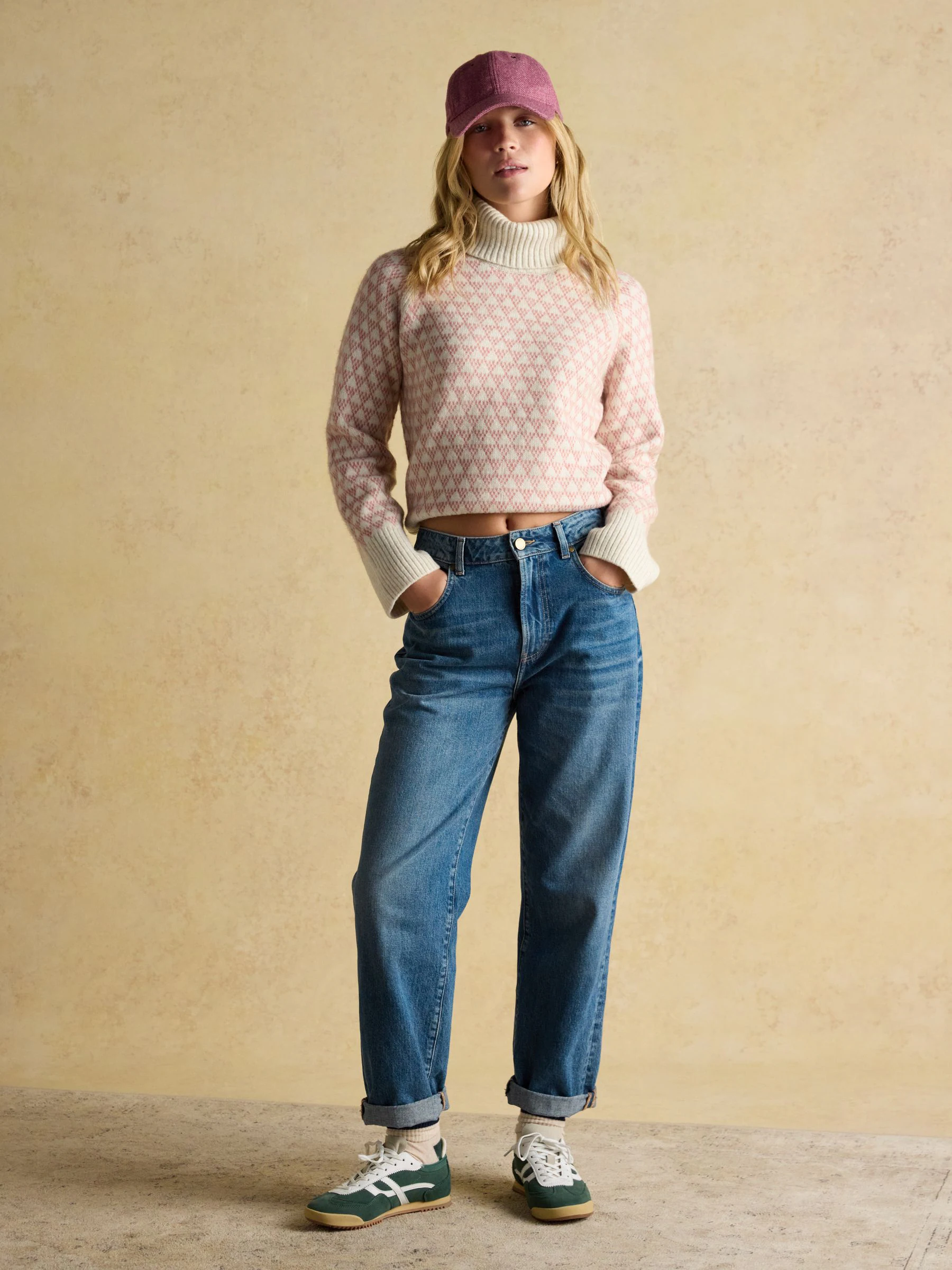 Roze crème - Joules Addison Patterned Knitted Jumper with Detachable Roll Neck