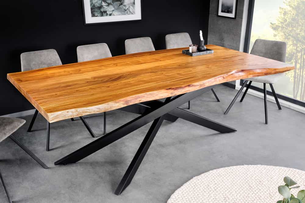 Massivholz Esstisch MAMMUT 200cm Akazie schwarz Metall Baumkante 6cm Tischplatte