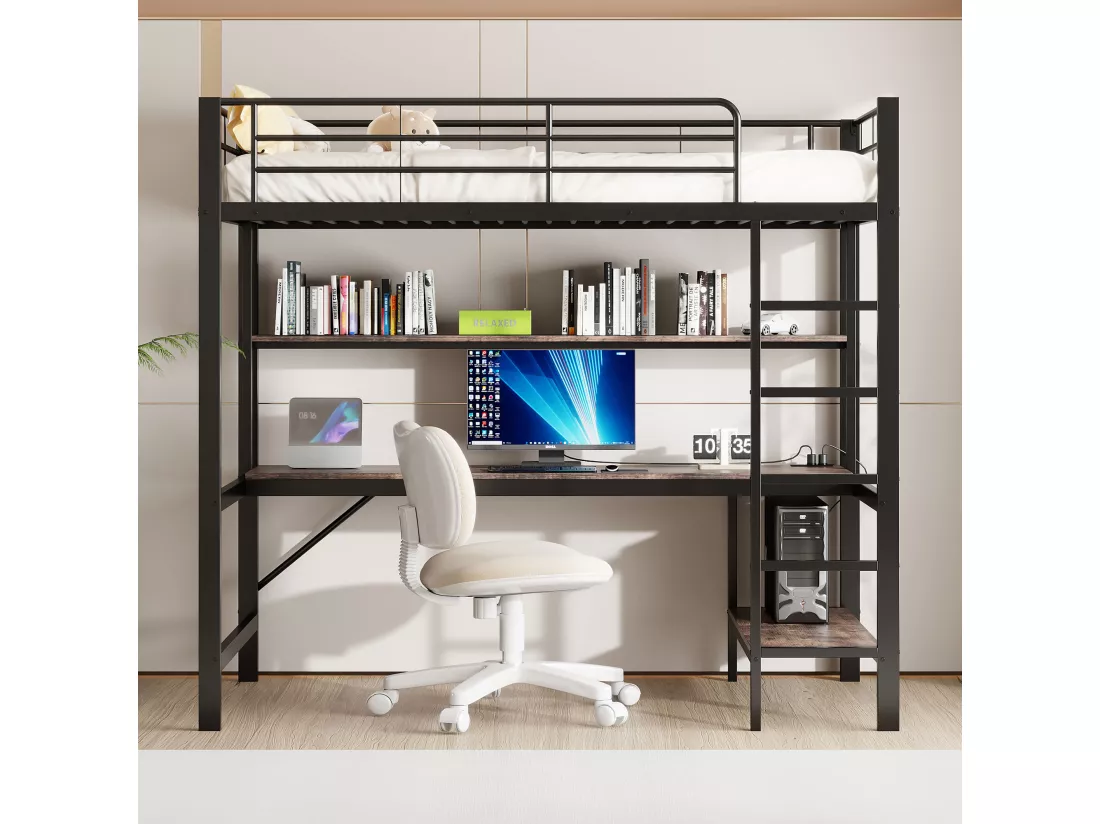 Lit mezzanine garde-corps et escabeau - 90 x 200 cm - avec USB et secteur - LED et bureau - sans matelas - métal - noir