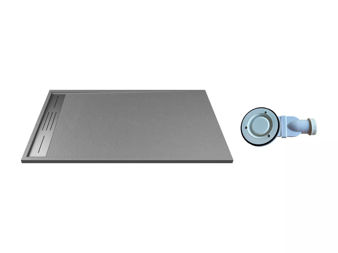 Receveur extra-plat à poser ou à encastrer découpable en résine SMC avec siphon - Gris - 140 x 90 cm - LYROSA