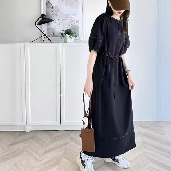 INEN - Maxi-jurk met korte mouwen en ronde hals, effen A-lijn