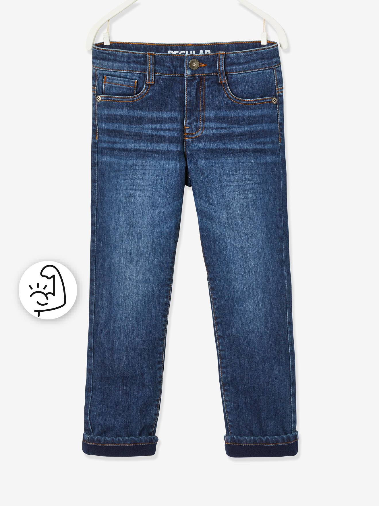 Calça jeans indestrutível de corte reto com forro de lã, para meninos, azul escuro liso