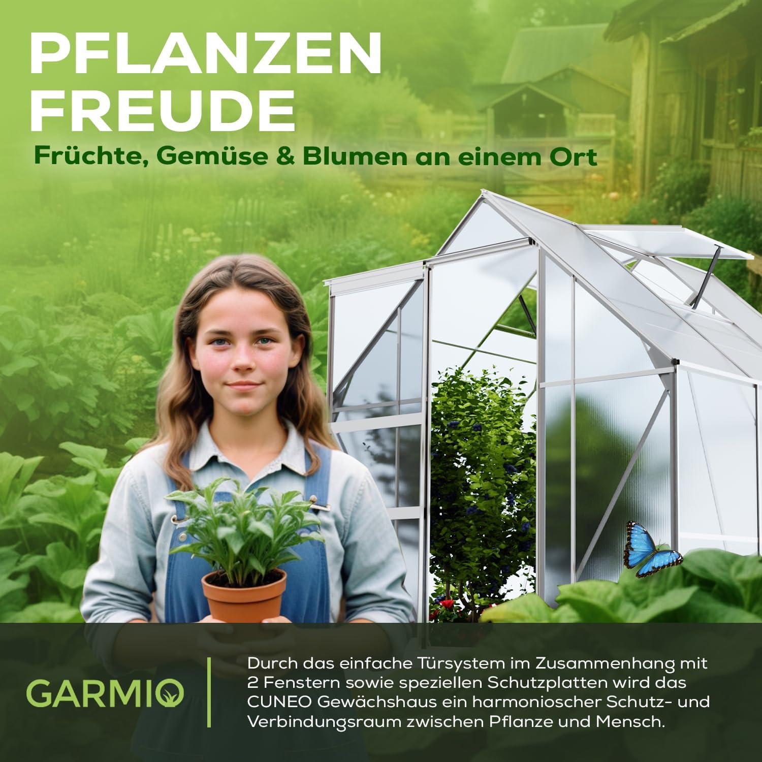 Gewächshaus Cuneo 190x190cm für den Garten, Alu Frühbeet inklusive Fundament, 2 Dachfenster Treibhaus Aufzucht Pflanzenhaus Tomatenhaus 3,7m² UV-Schutz