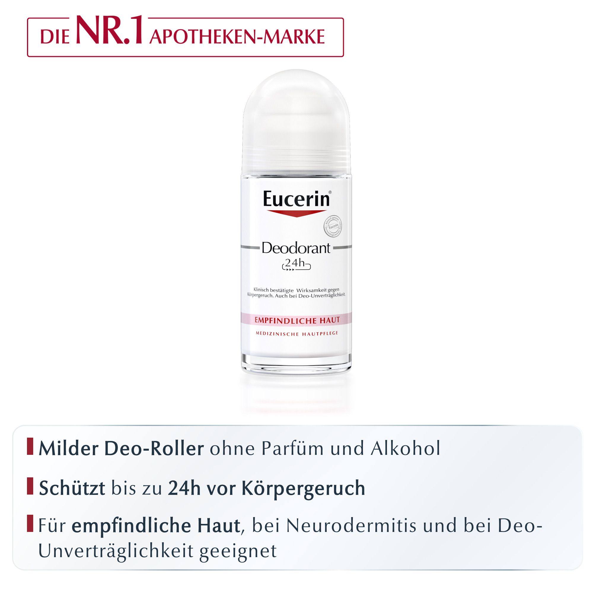 Eucerin Deodorant Empfindliche Haut 24h Roll-on – Deo Roller schützt empfindliche Haut vor Körpergeruch