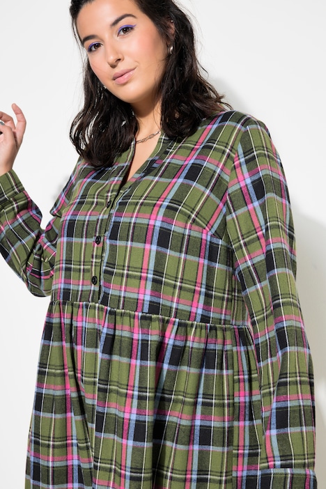 Midi-Flanellkleid, Karo, Tunika-Ausschnitt, Langarm
