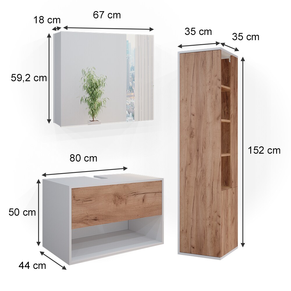 Vicco Badmöbelset Waschtischunterschrank Spiegelschrank Hochschrank Kate Weiß Eiche Badmöbel