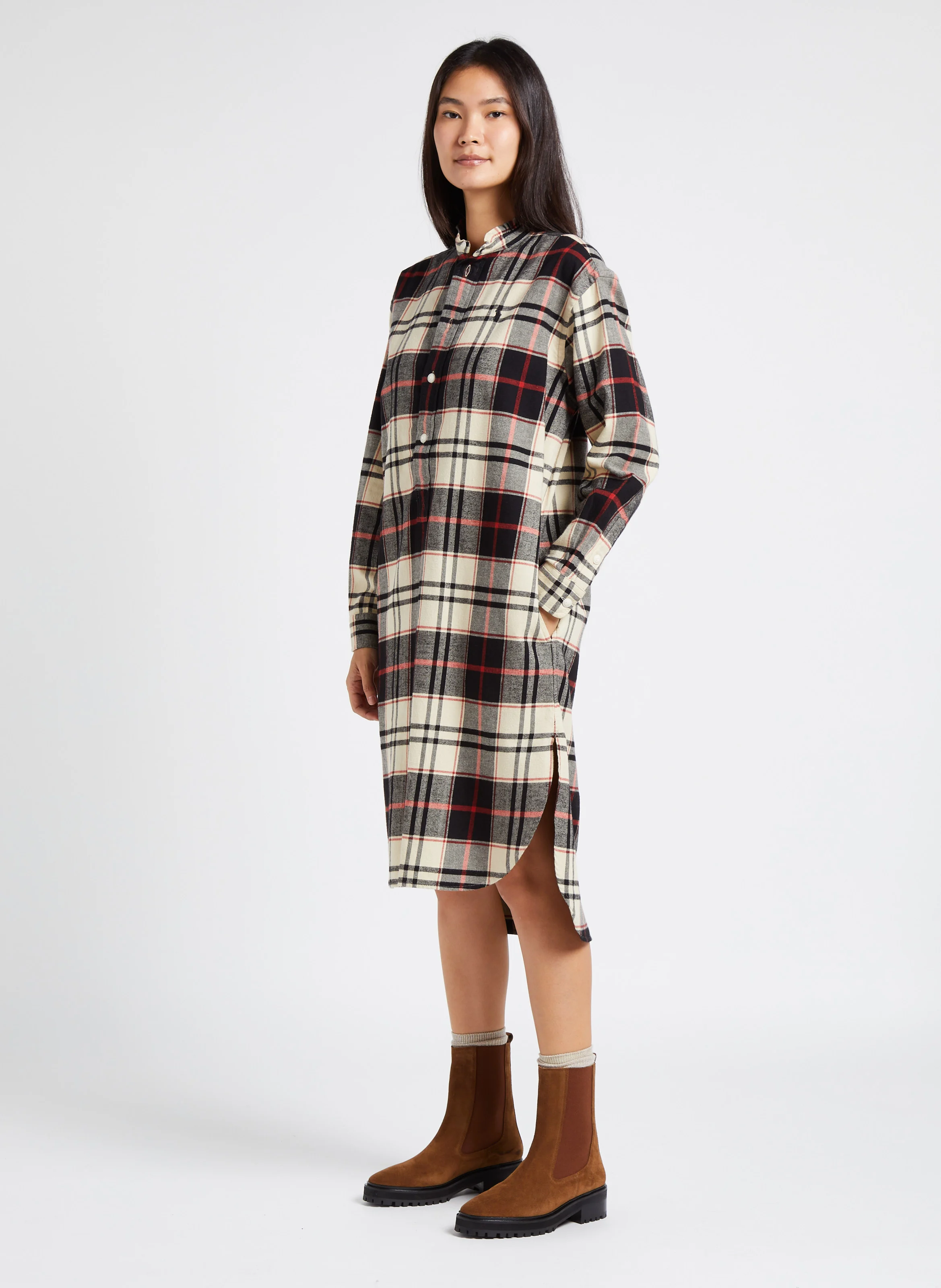 Robe chemise col mao à carreaux en coton | Multicolore
