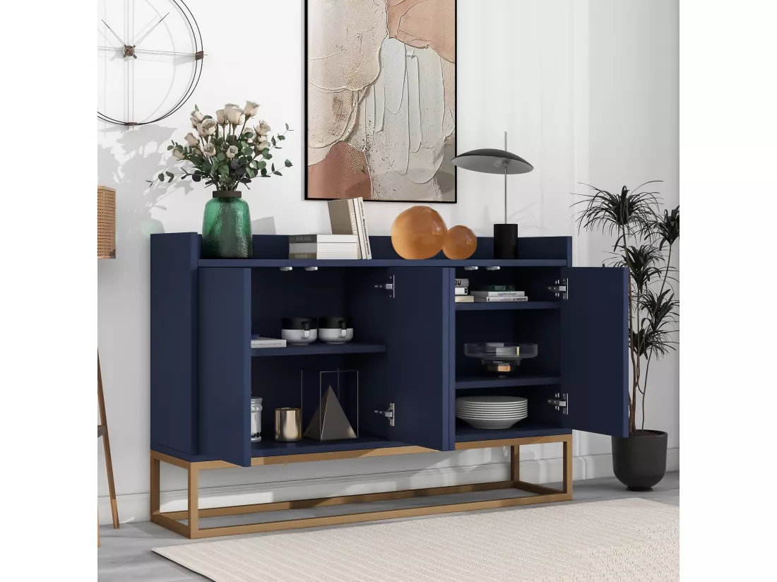 Buffet bas 4 portes - Bois en MDF et pièds en métal - Style moderne - Coloris bleu - 120 x 30 x 80 cm