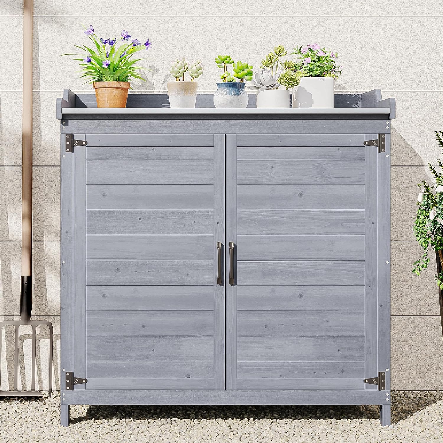 Bealife Pflanztisch mit Unterschrank, Gartenschrank mit Arbeitsplatte mit 1 Bewegbarer Einlegeboden für den Innen- und Außenbereich (Grau, 48T x 98B x 95H)