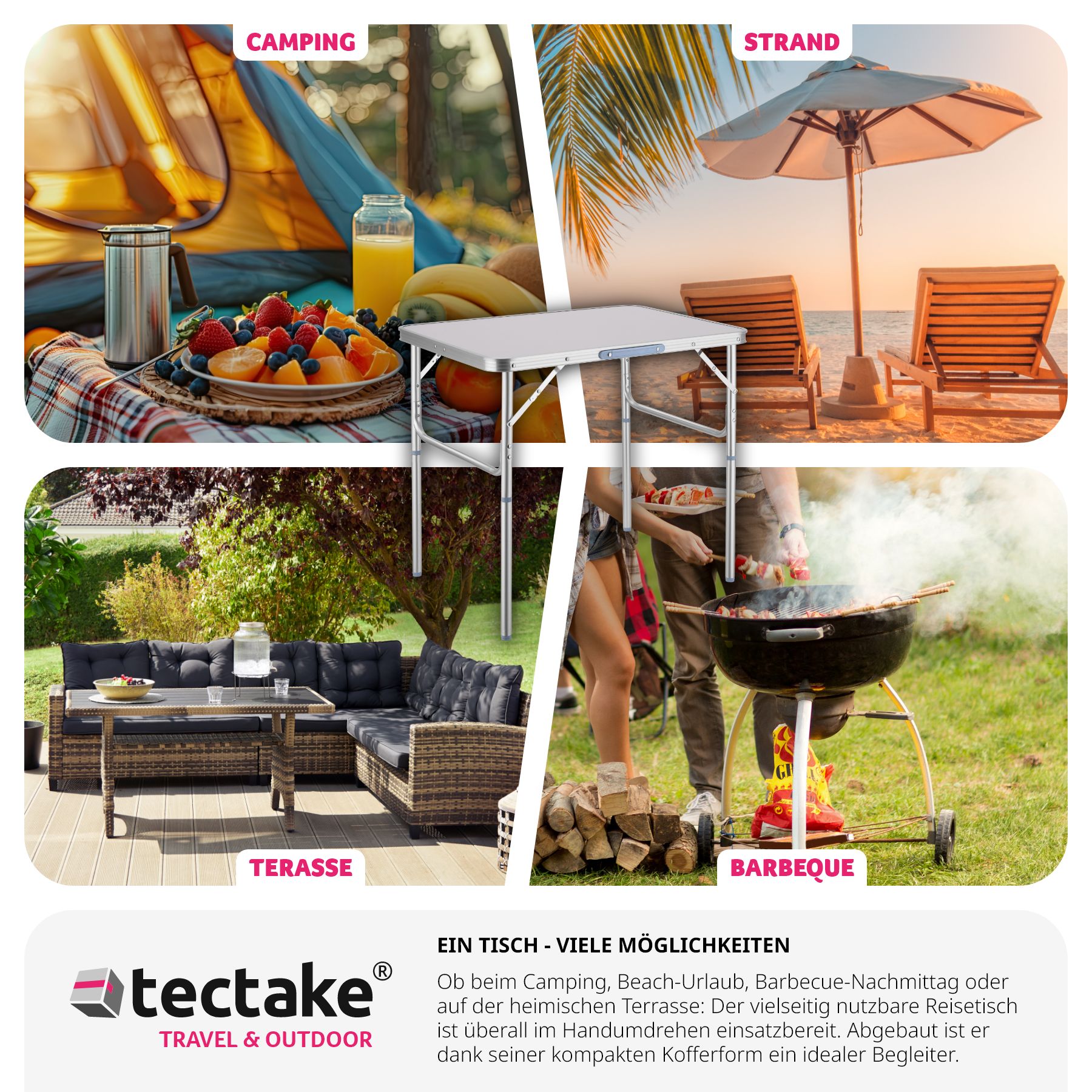 tectake® Campingtisch, klappbar, anschraubbare, höhenverstellbare Beine und Füße, 75 x 55 x 68 cm