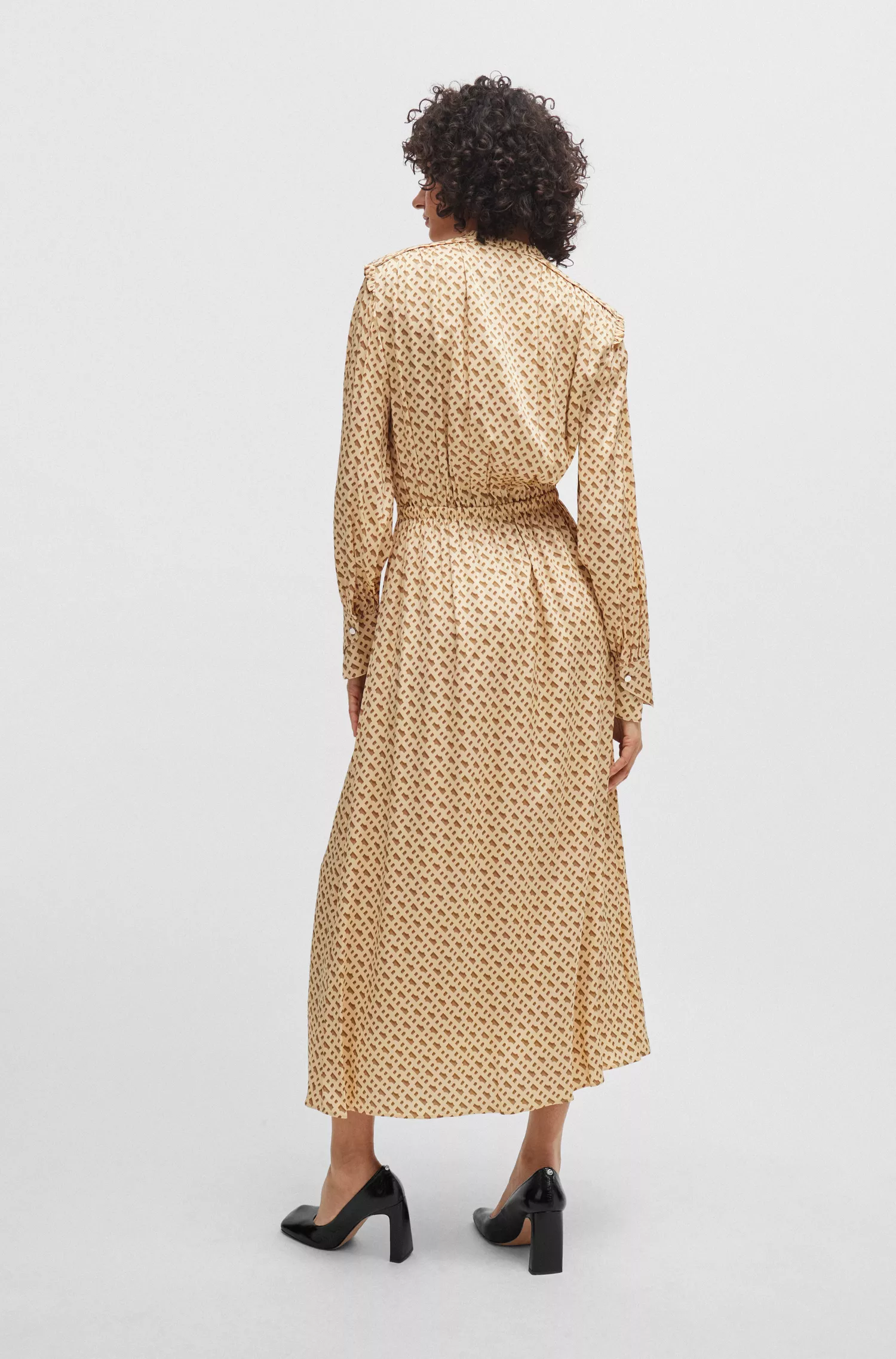 Vestido BOSS em mistura de seda preta com estampa de monograma