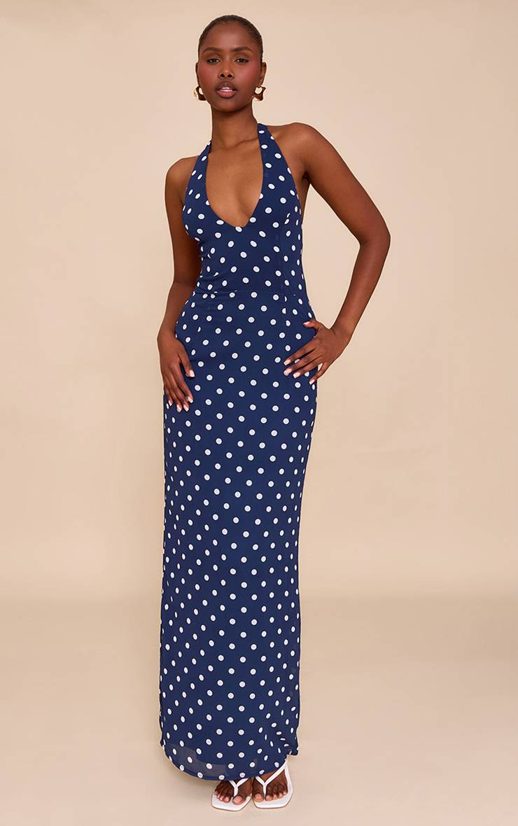 Navy And White Robe Longue En Mousseline À Pois Avec Décolleté Plongeant