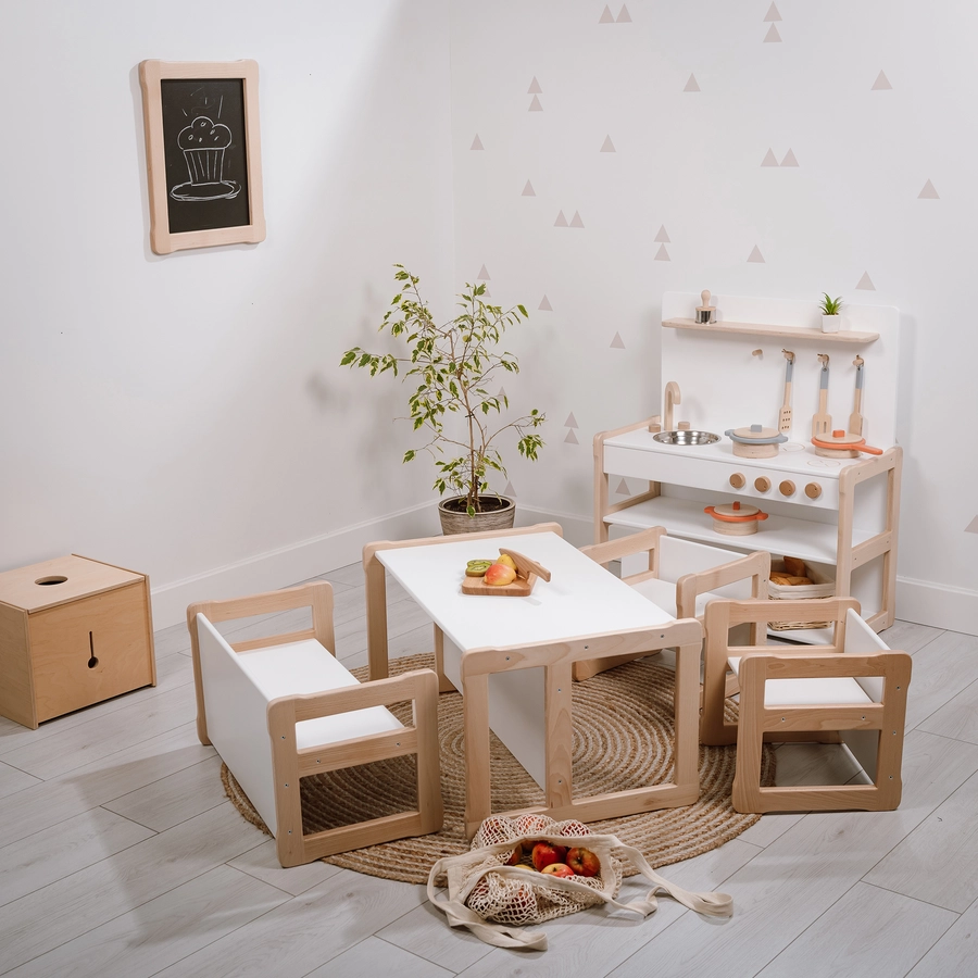 Montessori® Kinderkueche aus Holz XL+kleines Regal - multifunktional - grau Montessori® Kindermöbel mehrfarbig