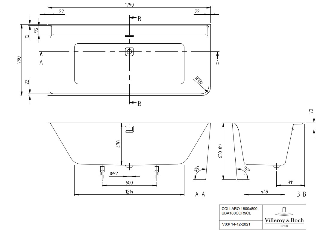 Villeroy & Boch Collaro hoekinbouw links ligbad 180x80cm wit met chromen afvoerplug