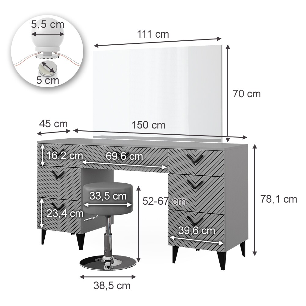 Vicco Schminktisch Anett Grau mit Spiegel, Hocker und LED-Lampen, 150 x 78 cm