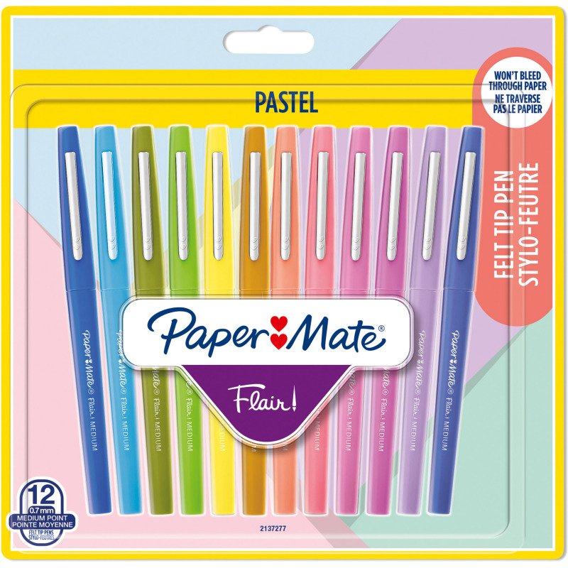 Stylo feutre Paper Mate Flair pastel écriture moyenne - Pochette de 12