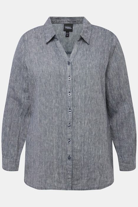Bluse, Leinen, offener Kragen, Langarm