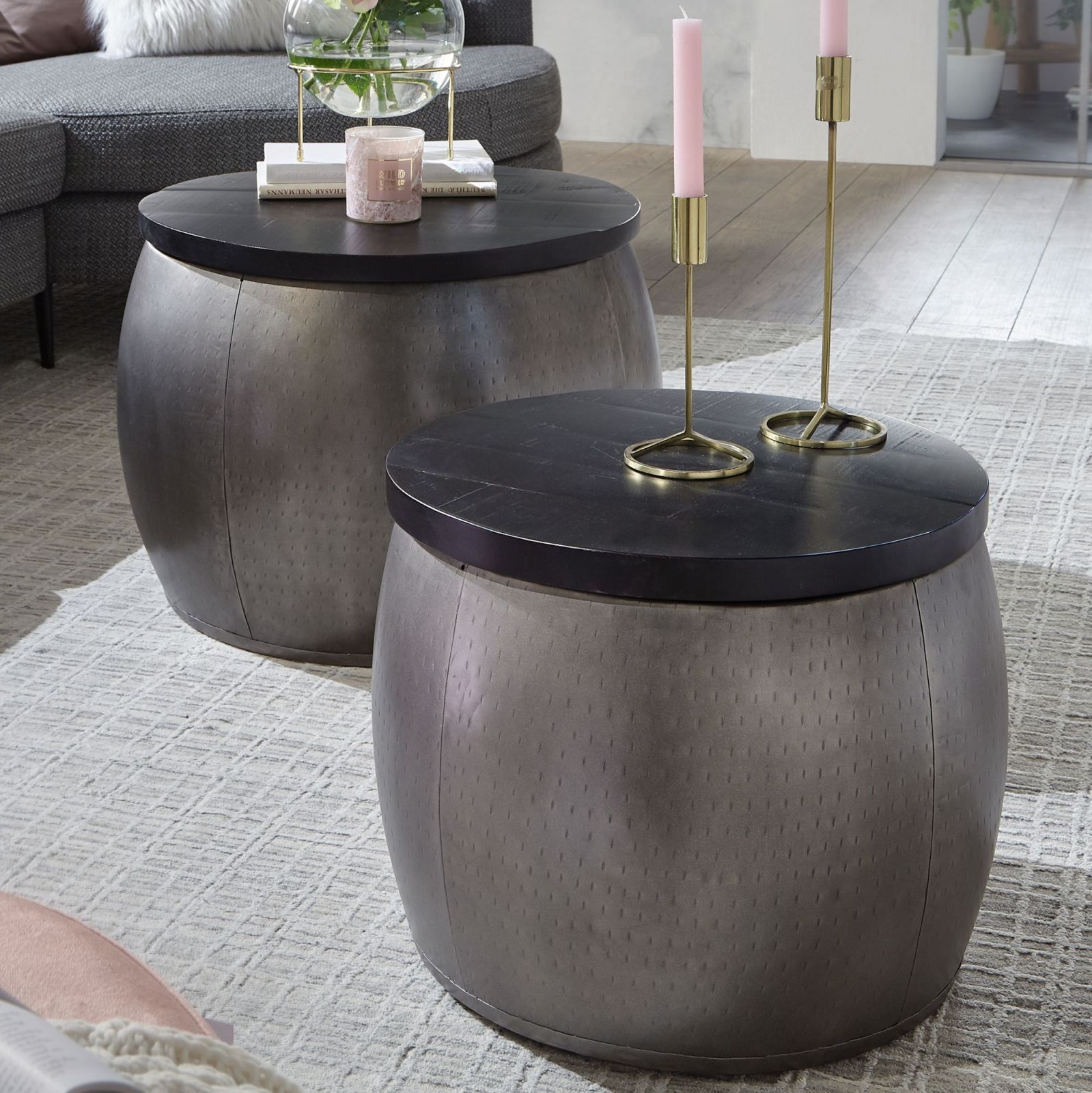 2er-Set Couchtisch - silber-schwarz - Mango massiv