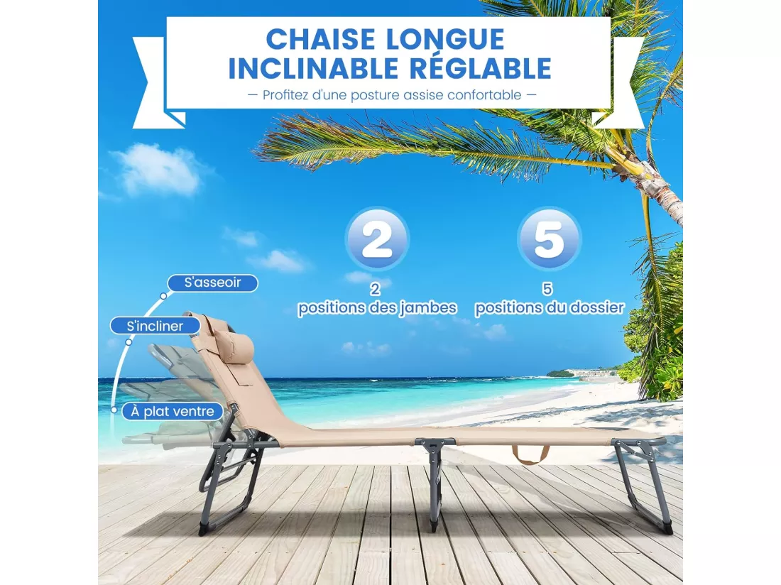 Chaise Longue Pliante Réglable à 5 Positions avec Appuie-tête Cavité Faciale, Bain de Soleil en Tissu et velours Oxford Charge 150KG, pour Piscine Plage Cour CamBoisg, Beige
