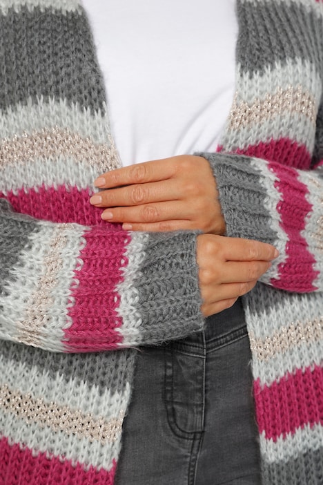 Long-Strickjacke, geringelter Rippstrick, offene Form. Langarm.