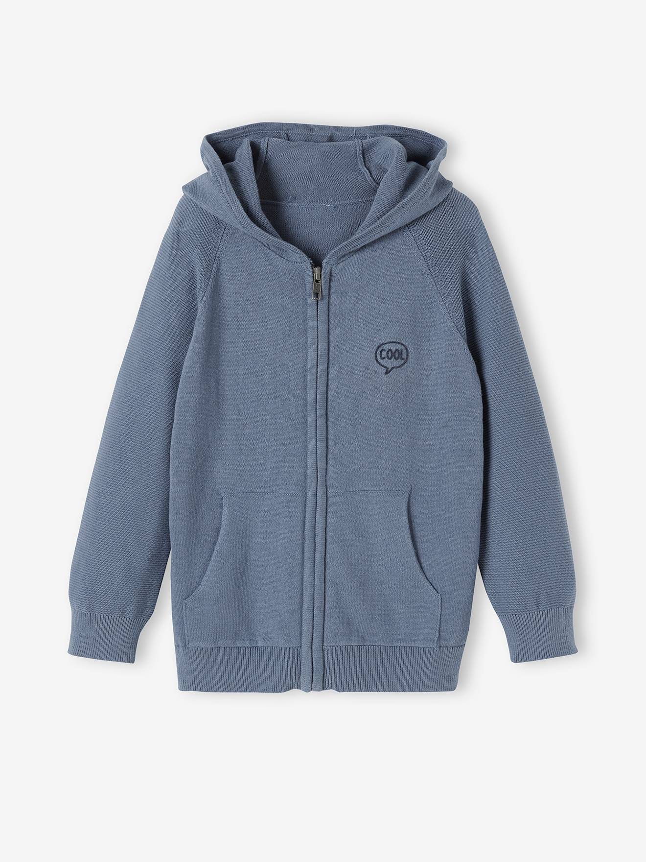 Cardigã com capuz e bojo, para meninos, azul liso com estampas.