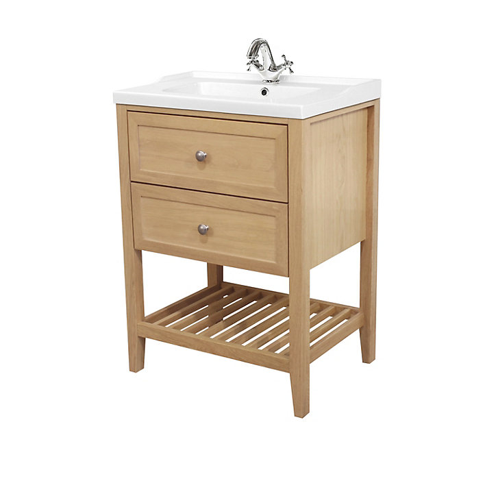 Meuble sous vasque à poser GoodHome Perma chêne 60 cm + Plan vasque blanc GoodHome Lana