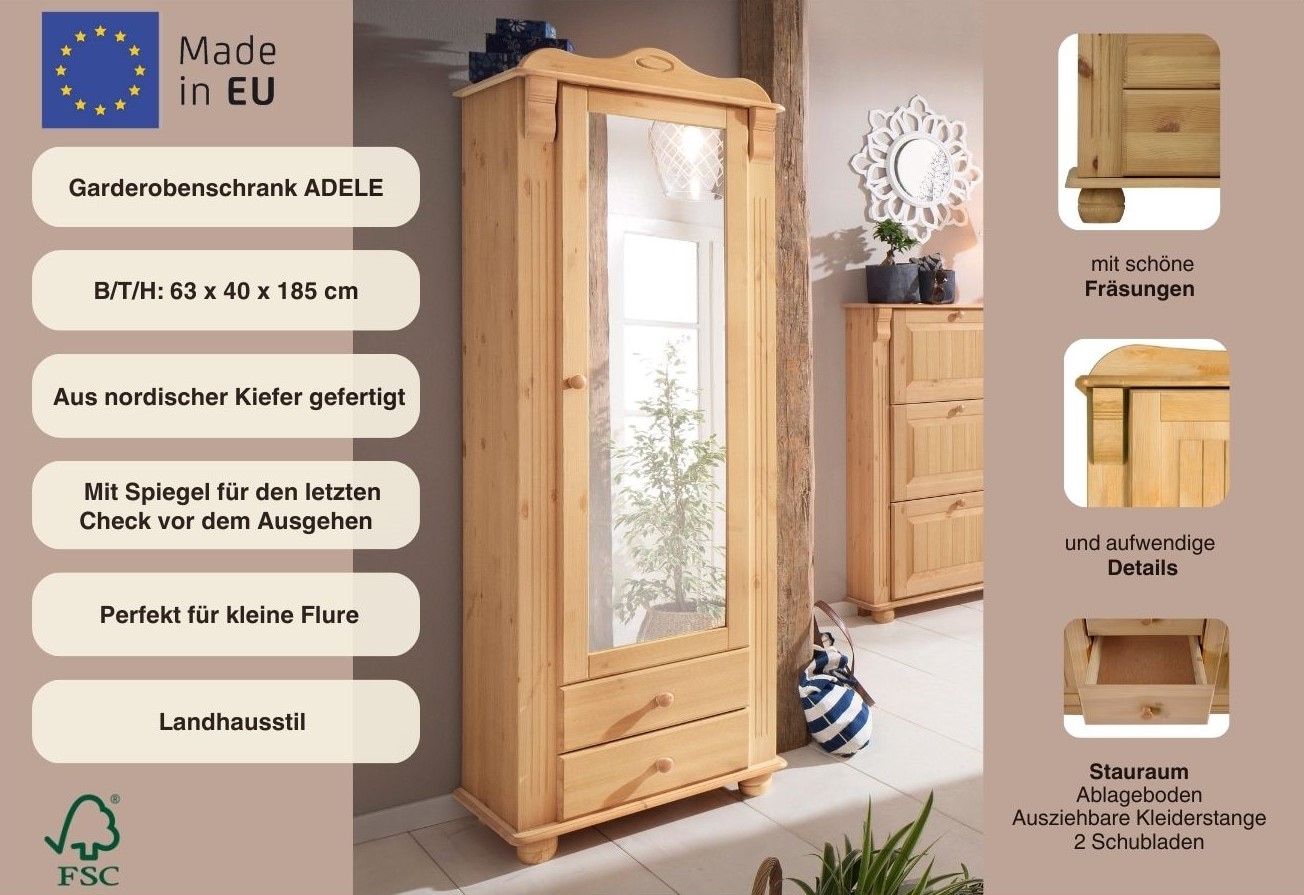 Home affaire Garderobenschrank »Adele« mit Spiegel, Breite 63 cm, mit 2 Schubladen, aus massiver Kiefer, FSC®