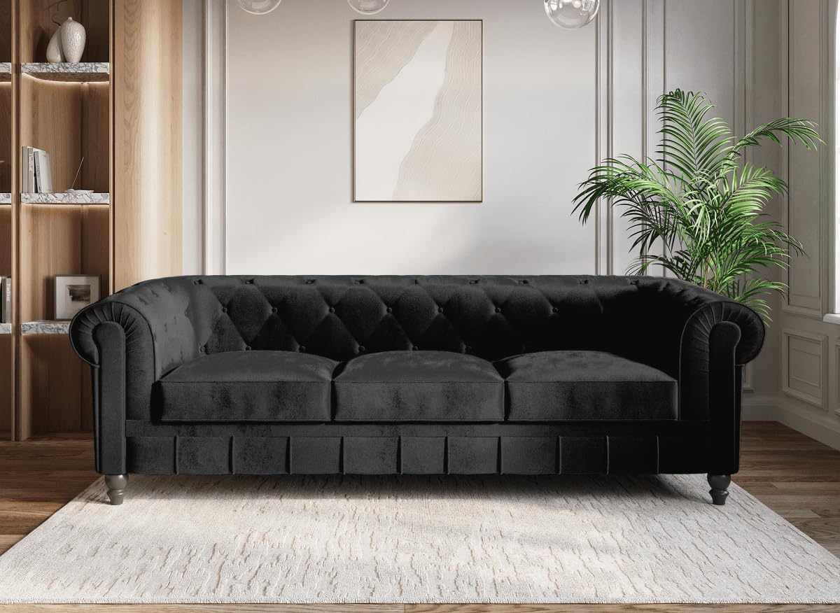 DecoInParis Canapé Fixe 3 Places Velours Noir Chesterfield IL6319992
