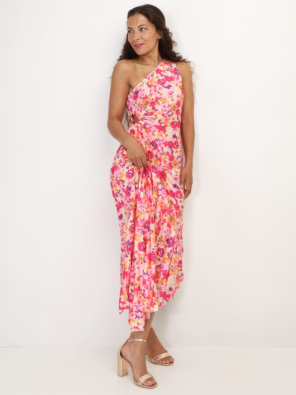 Robe plissée et asymétrique à fleurs- Fuchsia