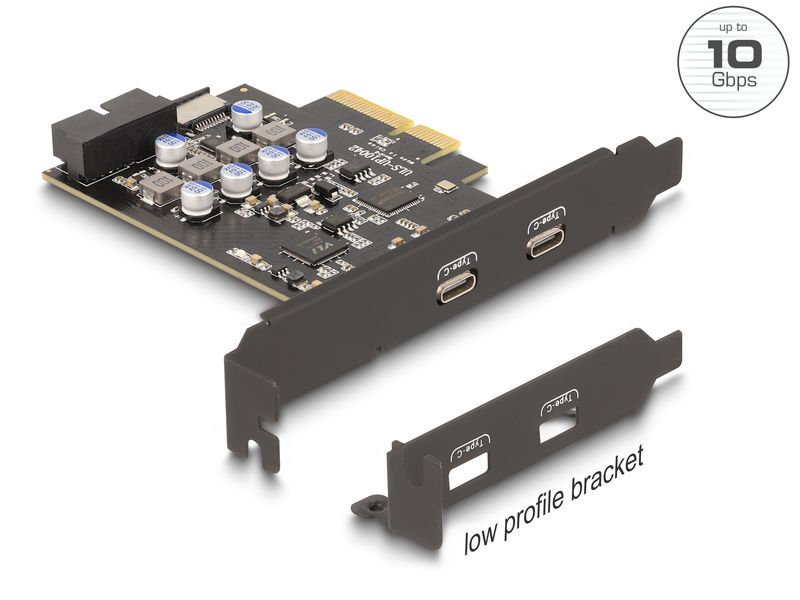 Delock PCI-Express-Karte 90345 2x USB Typ-C LP Delock PCI Express x4 Karte zu 2 x extern USB Type-C   1 x intern USB 10 Gbps Typ-E Key A und 1 x 19 Pin Pfostenstecker – Low Profile Formfaktor