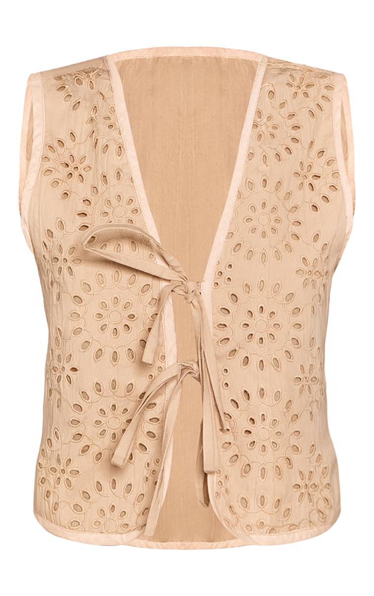 Taupe Ensemble Coordonné Gilet Sans Manches En Coton Broderie Anglaise À Nouer Devant