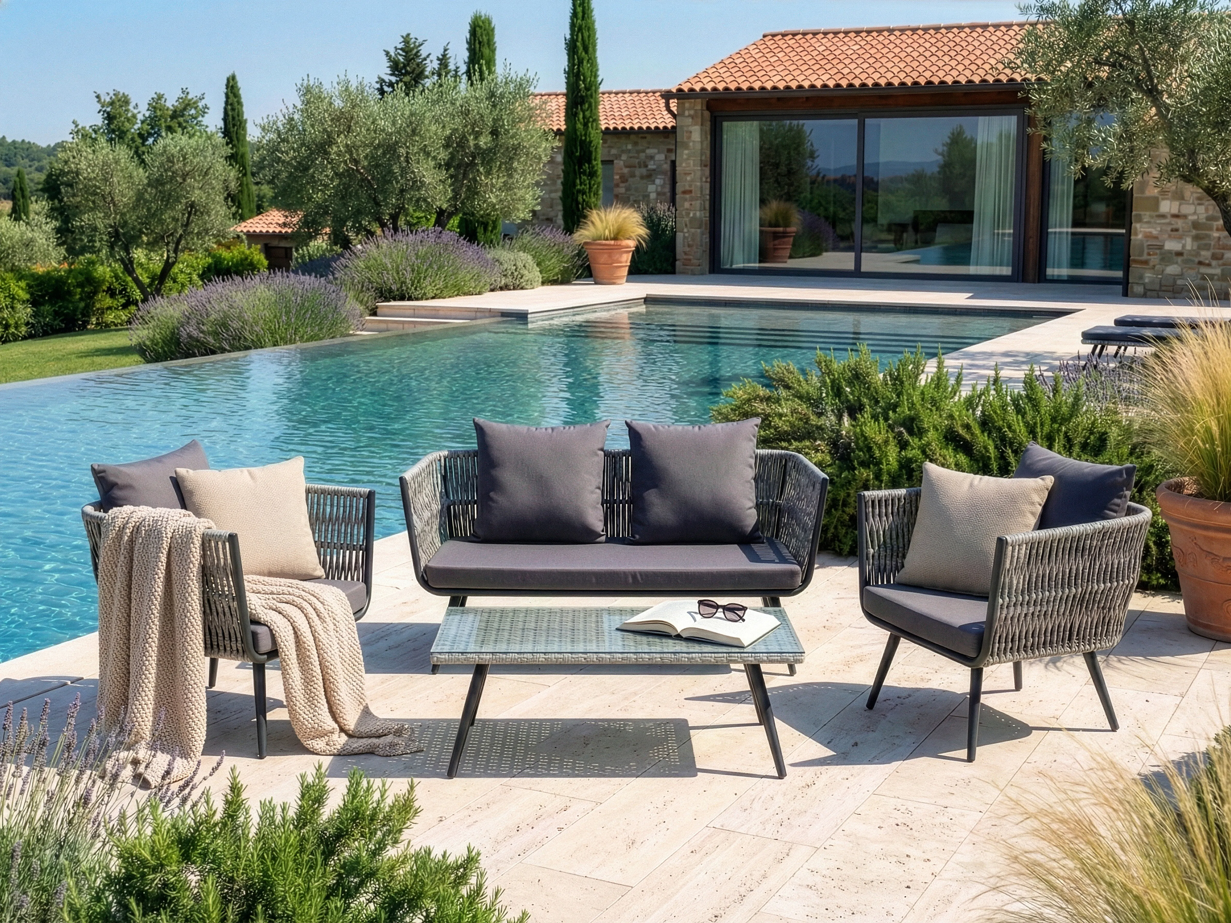 Loungeset met tafel 4-zits RAGUSA PE rotan Grijs