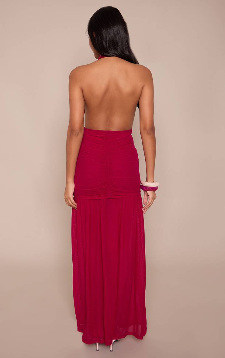 Rose Fuchsia Robe Longue En Mousseline À Décolleté Plongeant Avec Détail Floral