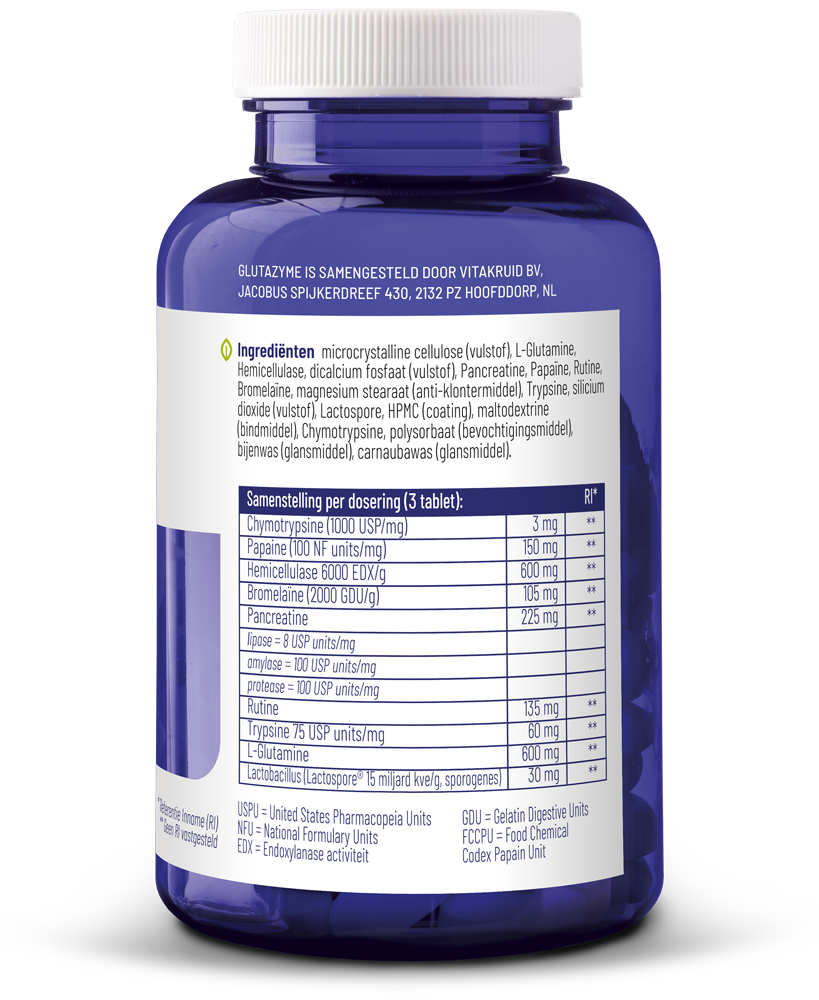 Vitakruid Glutazyme Oa Spijsverteringsenzymen En L-Glutamine (180 tabletten)